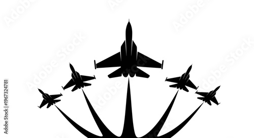 Silhouette of five fighter jets flying in formation against a white background.