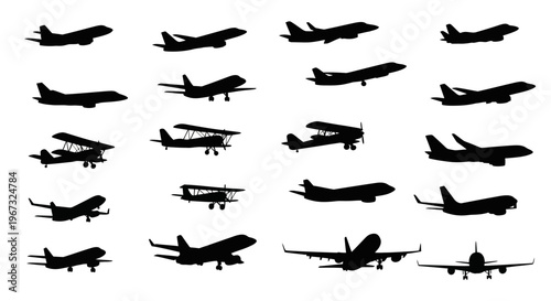 Collection of various airplane silhouettes on a white background.