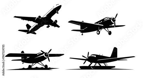Set of four distinct airplane silhouettes in black and white.