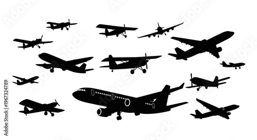 Collection of various airplane silhouettes on a white background.