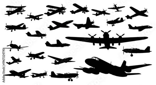 Collection of various airplane silhouettes on a white background.