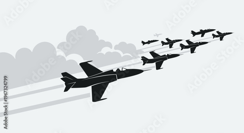 Silhouette of jet planes flying in formation against a cloudy sky.