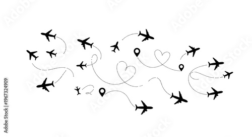 Airplanes flying with dotted routes and location pins, travel concept.