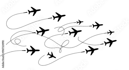 Airplanes flying with dotted lines showing their flight paths.