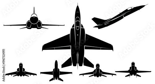 Collection of various fighter jets in silhouette, showcasing different angles and flight positions against a white background.