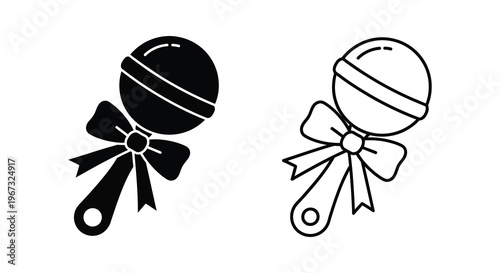 Two baby rattles one filled and one outlined in a simple silhouette