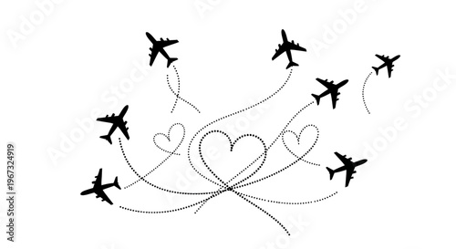 Airplanes flying in heart shapes, symbolizing love and travel.