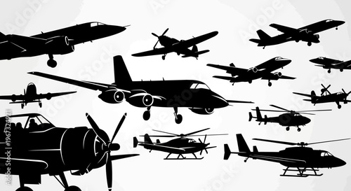 Silhouette collection of various aircraft including airplanes and helicopters.