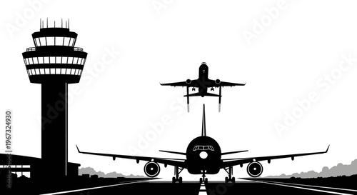 Airport scene with control tower and airplanes taking off and landing.