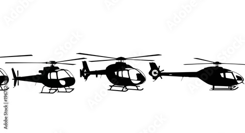 Collection of various helicopter silhouettes in a row.