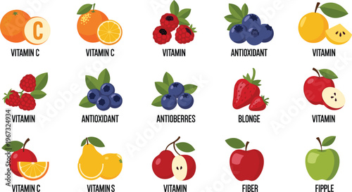 Vitamin and Antioxidant Fruit Collection with Oranges, Blueberries, Apples, Pears, and Berries for Healthy Food Designs