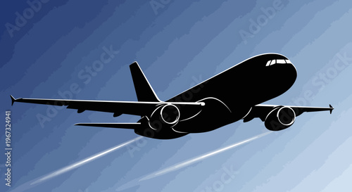 Silhouette of a commercial airplane flying in the sky with contrails.