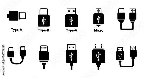 Minimal USB and charger fill icon vector set EPS10 isolated on white