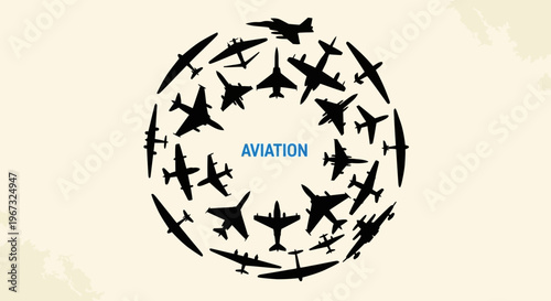 Aviation concept with various aircraft silhouettes forming a circular pattern around the word AVIATION.