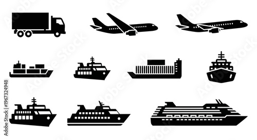 Set of various transportation vehicles including trucks, airplanes, and ships in black silhouette.