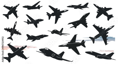 Collection of various fighter jet silhouettes in different flight positions.