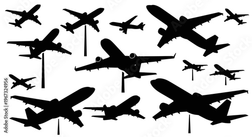 Silhouette collection of various airplanes in flight, showcasing different angles and sizes against a white background.