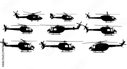 Collection of various helicopter silhouettes in different flight positions.