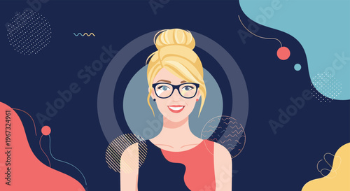 Modern portrait of a blonde woman with glasses positioned over an abstract navy blue background with geometric shapes.