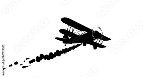 Silhouette of a biplane flying with a smoke trail against a white background.