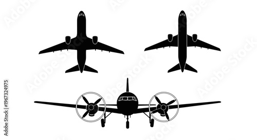 Silhouettes of airplanes from different perspectives.