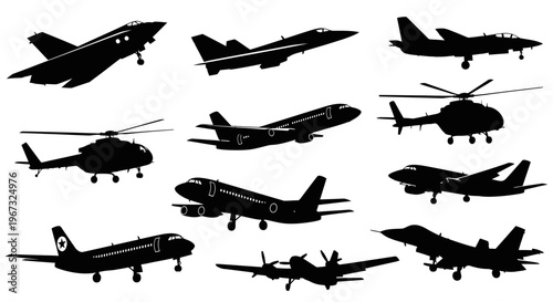 Collection of various military and civilian aircraft silhouettes.