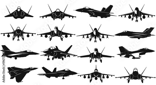 Collection of various military fighter jet aircraft silhouettes.