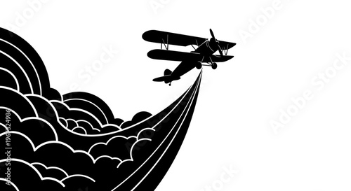 Biplane flying above stylized clouds in black and white.