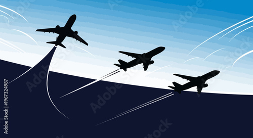 Silhouettes of airplanes taking off against a blue sky.