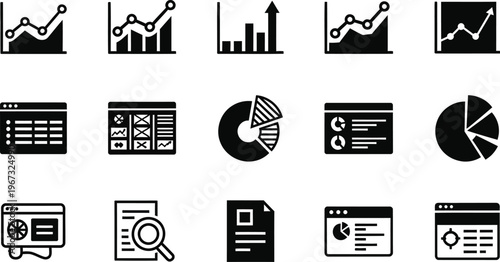 Collection of Black and White Icons Representing Data Analysis, Charts, Graphs, and Business Reports