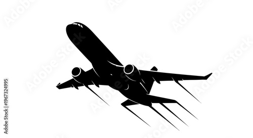 Silhouette of a commercial airplane taking off against a bright white sky.