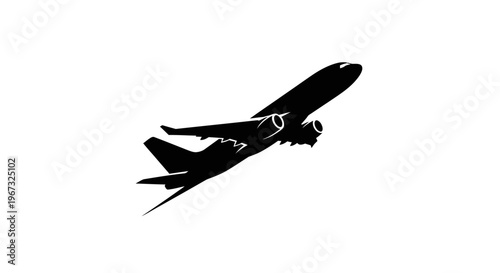 Silhouette of a commercial airplane taking off against a white background.