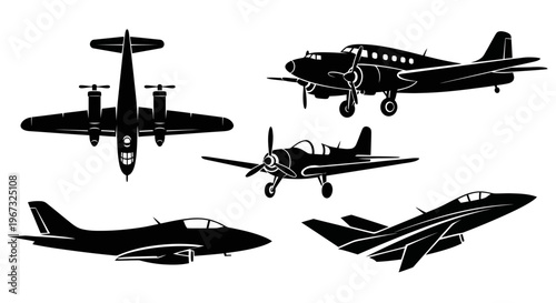 Collection of various vintage and modern airplanes in silhouette.