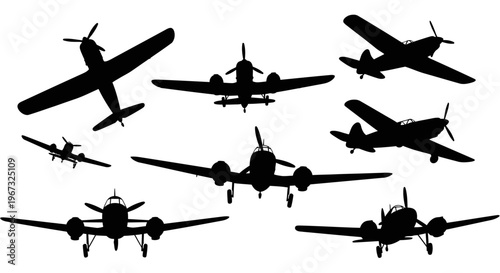 Collection of various vintage propeller airplanes in silhouette.