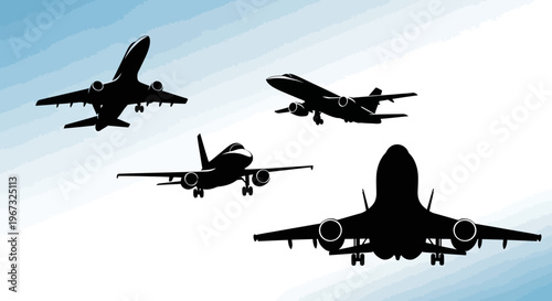 Silhouettes of multiple airplanes flying in the sky.