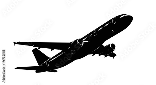 Silhouette of a commercial airplane taking off against a white background.
