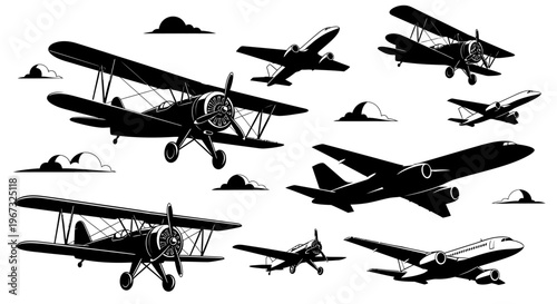 Collection of vintage and modern airplanes flying through the sky.