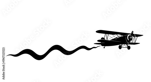 Biplane Flying with Wavy Smoke Trail Silhouette.