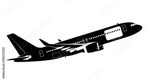 Silhouette of a commercial airplane taking off, isolated on a white background.