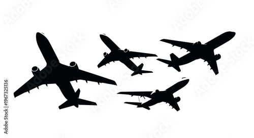 Silhouettes of multiple airplanes flying in formation against a white background.
