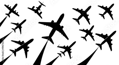Silhouettes of multiple airplanes flying in various directions.