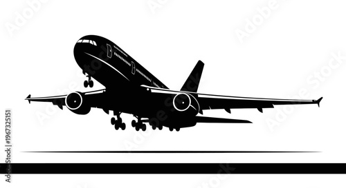 Silhouette of a commercial airplane taking off, isolated on a white background.