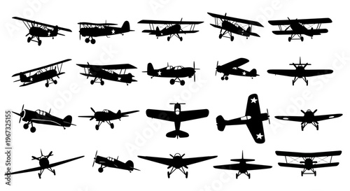 Collection of Vintage Biplanes and Monoplanes Silhouettes.
