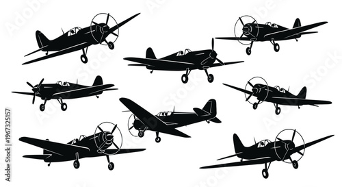 Collection of vintage propeller airplanes in various flight positions.