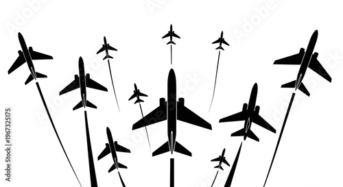 Silhouettes of multiple airplanes taking off and flying upwards, creating a dynamic and upward-moving composition against a white background.