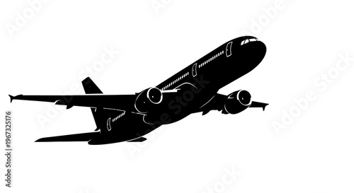 Silhouette of a commercial airplane taking off, isolated on white background.