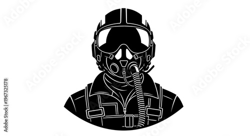 Black and white illustration of a pilot wearing a flight helmet and oxygen mask ready for action.