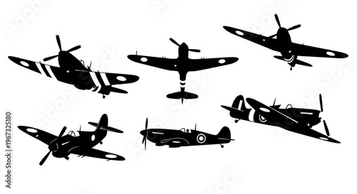 Collection of vintage World War II fighter aircraft silhouettes.