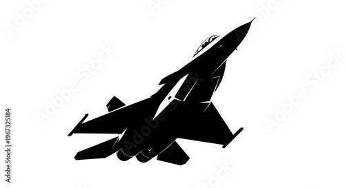 Silhouette of a fighter jet in flight against a white background.