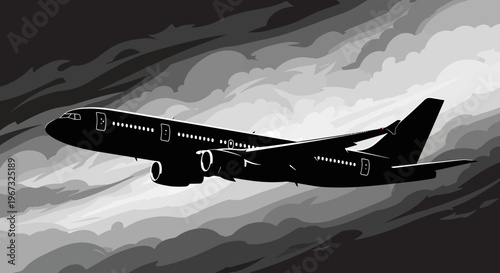 Commercial airplane flying through a cloudy sky in a dramatic black and white illustration.